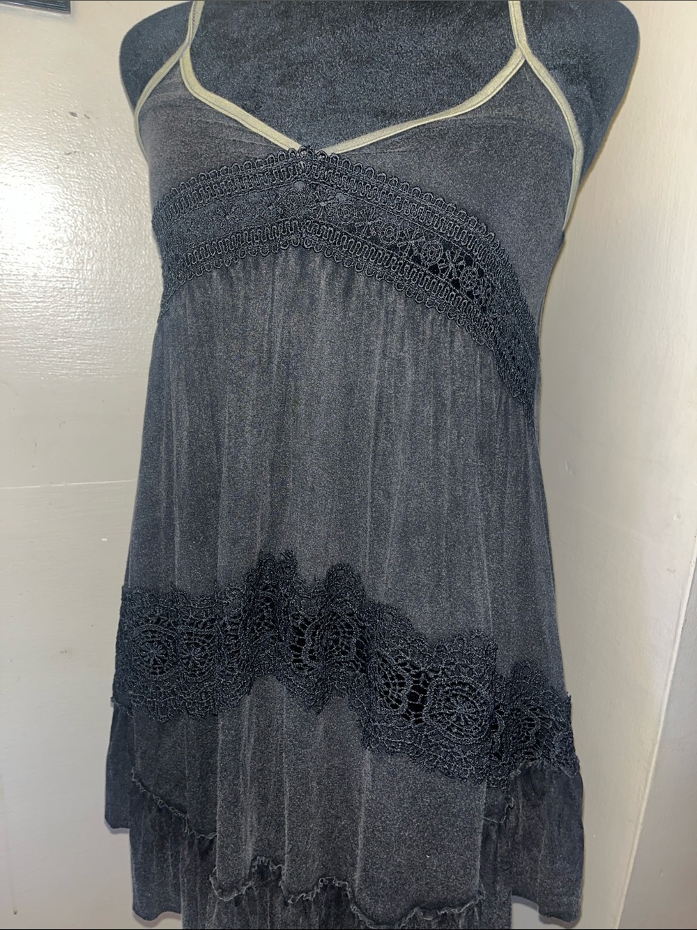 NWOT POL Distressed Charcoal Grey Crochet-Trim Tank Dress/Army Green Straps S